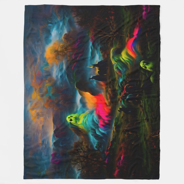 Neon Ghosts in a Haunted Fantasy Landscape Fleece Blanket (Front)