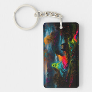 Neon Ghosts in a Haunted Fantasy Landscape Keychain