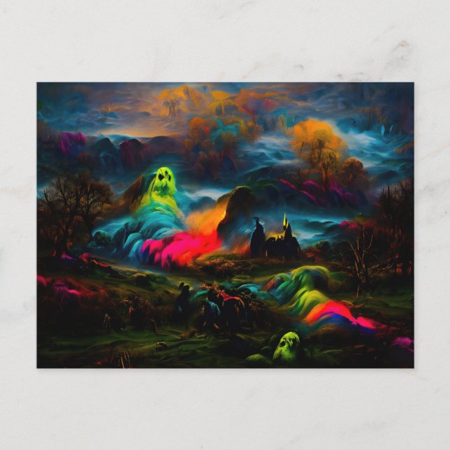 Neon Ghosts in a Haunted Fantasy Landscape Postcard (Front)