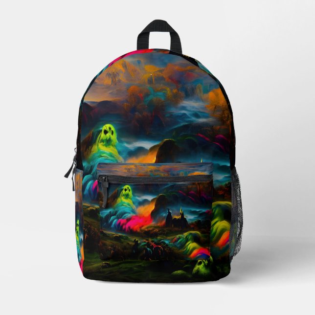 Neon Ghosts in a Haunted Fantasy Landscape Printed Backpack (Front)