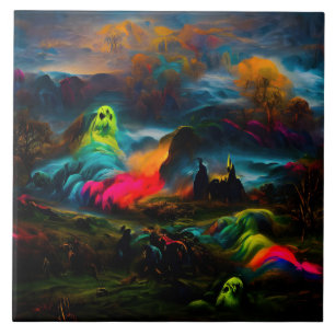 Neon Ghosts in a Haunted Fantasy Landscape Tile