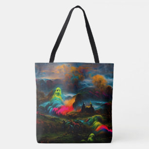 Neon Ghosts in a Haunted Fantasy Landscape Tote Bag