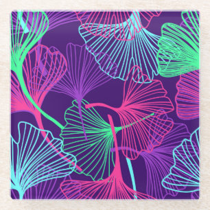 Neon Gingko Leaves: Bright Floral. Glass Coaster