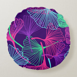 Neon Gingko Leaves: Bright Floral. Round Pillow