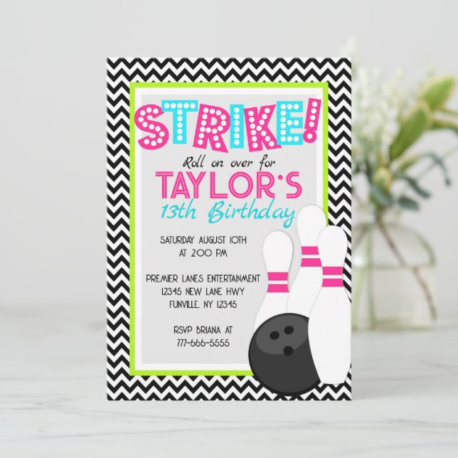 Neon Girl Chevron Bowling Birthday Invitations (Standing Front)