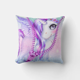Neon Glam Purple Pastel Unicorn Peek-A-Boo Zipper Throw Pillow