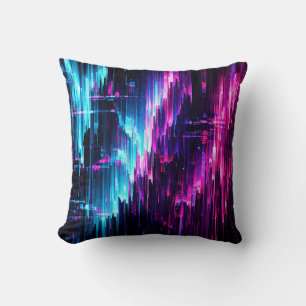 Neon Glitch Data Stream Abstract Throw Pillow
