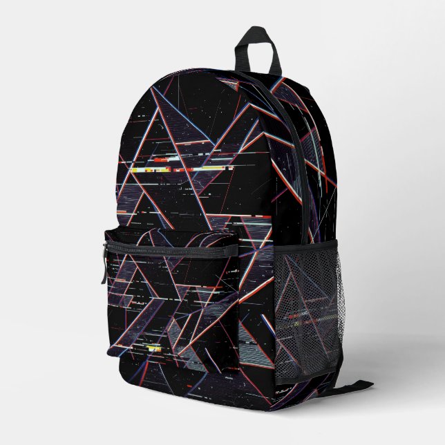 Neon Glitchcore Geometric Shapes on Black Printed Backpack (Back Corner Right)