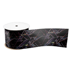 Neon Glitchcore Geometric Shapes on Black Satin Ribbon