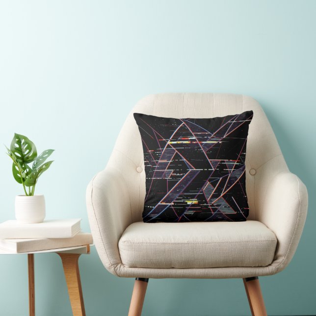  Neon Glitchcore Geometric Shapes on Black Throw Pillow (Chair)