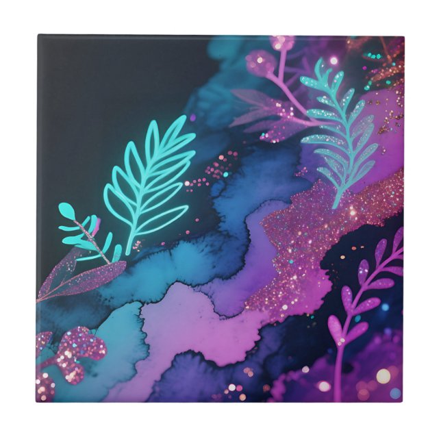 Neon Glitter Botanical Abstract Tile (Front)