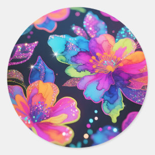 Neon Glitter Floral Pattern Classic Round Sticker