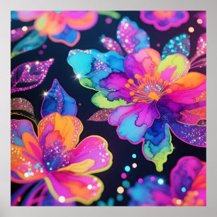 Neon Glitter Floral Pattern Poster