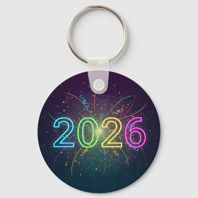 Neon Glow 2026 Fireworks Celebration Double-Sided Keychain (Front)