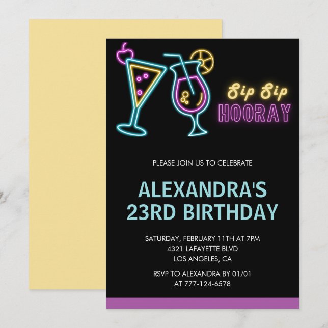 Neon Glow 23rd birthday invitations Cocktail (Devant / Derrière)