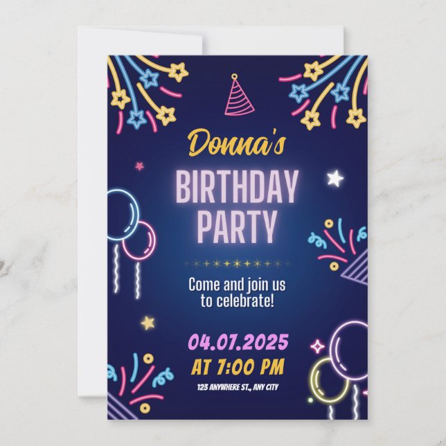 Neon Glow Anniversaire de fête Invitation pour ell (Devant)