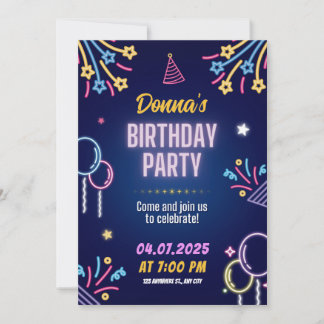 Neon Glow Anniversaire de fête Invitation pour ell