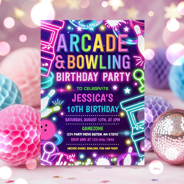 Neon Glow Arcade And Bowling Birthday Party  Invitation (Creator Uploaded)
