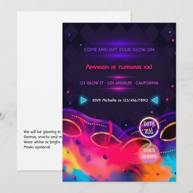 Neon Glow Birthday Party Invitation (Front/Back)