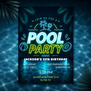 Neon Glow Blue Green Pool Birthday Party  Invitation