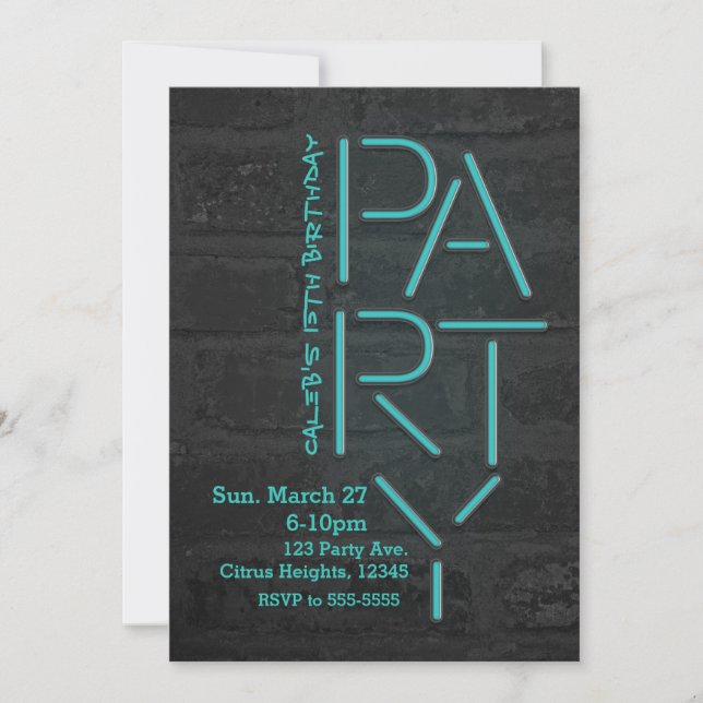 Neon Glow Blue PARTY Brick Wall Urbain Invitation (Devant)