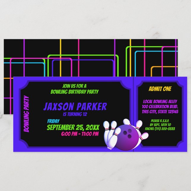 Neon Glow Bowling Party Birthday Ticket Invitation (Front/Back)