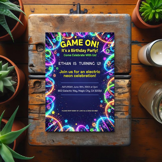 Neon Glow Brthday Party Invitation Postcard (Creator Uploaded)