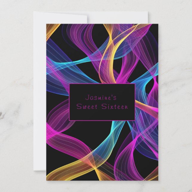 Neon Glow, Colourful Flowy Ribbons Invitation (Front)