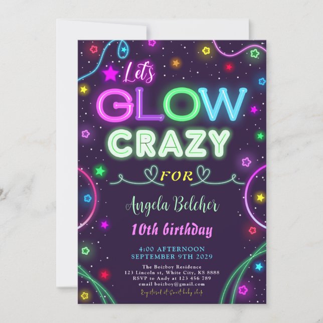 Neon Glow Crazy Birthday Party Invitation (Front)