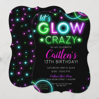 Neon Glow Crazy Girl Party Birthday Invitation