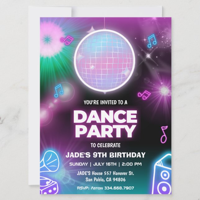 Neon Glow Dance Party Birthday Invitation (Front)
