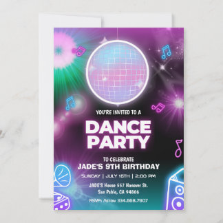 Neon Glow Dance Party Birthday Invitation