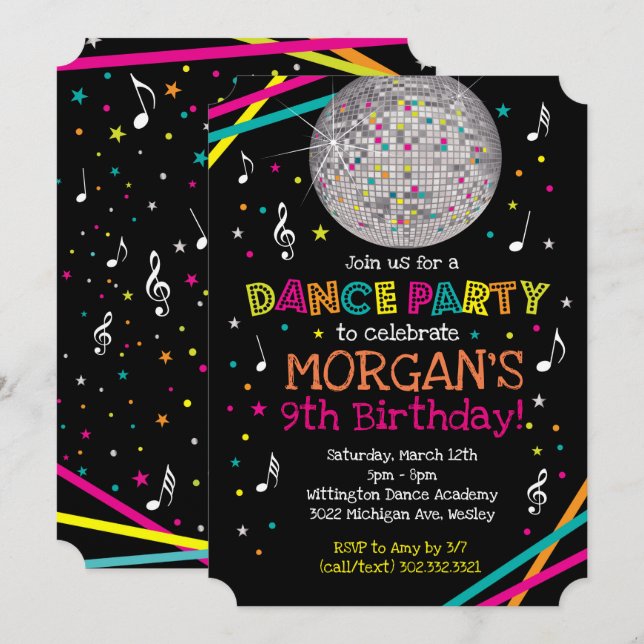 Neon Glow Dance Party Invitation (Front/Back)