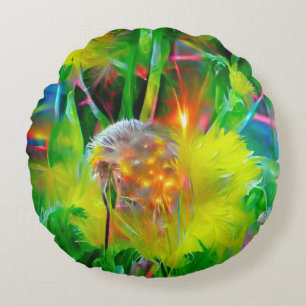 Neon Glow Dandelions in Dream Garden Round Pillow