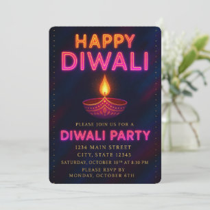 Neon Glow Diya with Script Happy Diwali Party Invitation