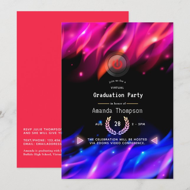 Neon Glow Flames Virtual Graduation Party Invitation (Front/Back)