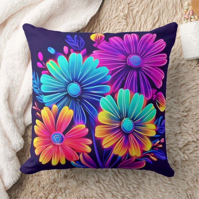 Neon Glow Floral Fantasy Art Throw Pillow (Blanket)
