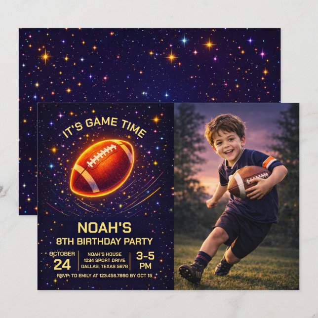 Neon Glow Football Birthday Photo Invitation (Front/Back)