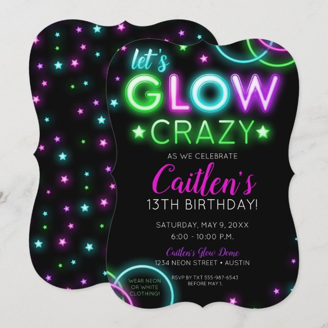 Neon Glow Fou Fille Fête Invitation Anniversaire (Devant / Derrière)