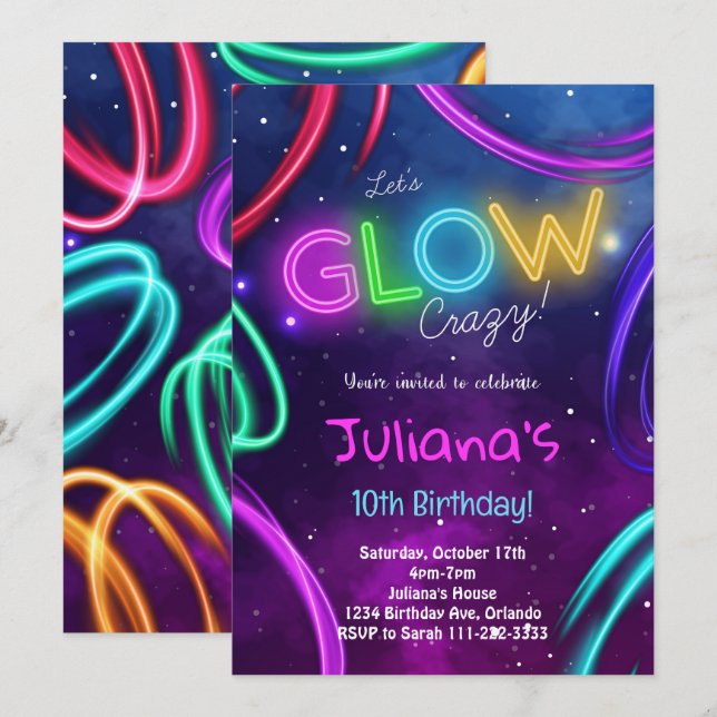 Neon Glow Girls Invitation de fête d'anniversaire (Devant / Derrière)