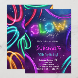 Neon Glow Girls Invitation de fête d'anniversaire