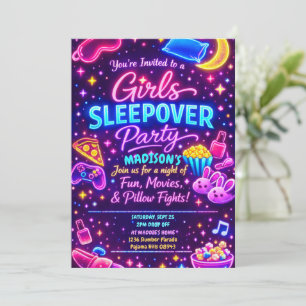 Neon Glow Girls Sleepover Party Night Slumber Invitation