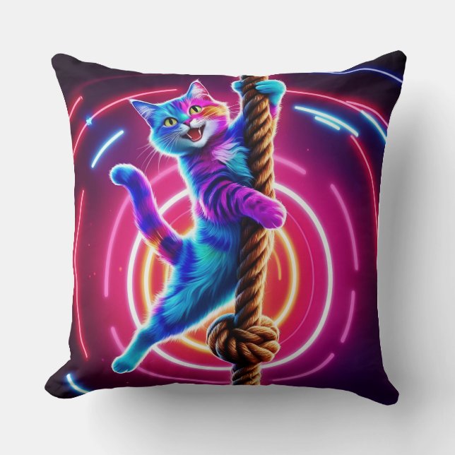 Neon Glow Hanging Cat Throw Pillow (Front)