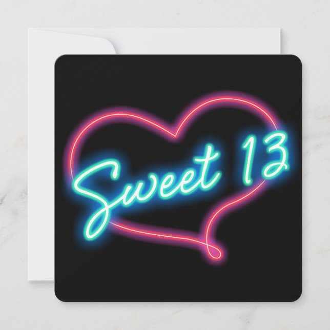 Neon Glow Heart SWEET 13 Birthday Party Invitation (Front)