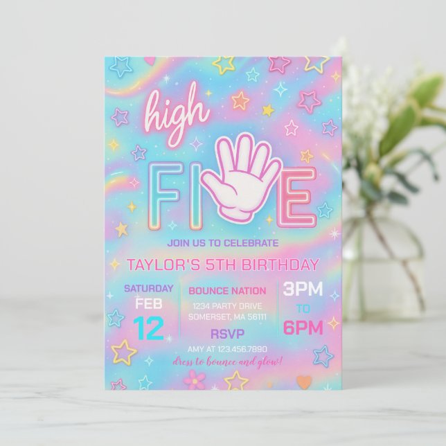 Neon Glow High Five Anniversday Party Invitation (Debout devant)
