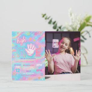 Neon Glow High Five Birthday Party Photo Invitation