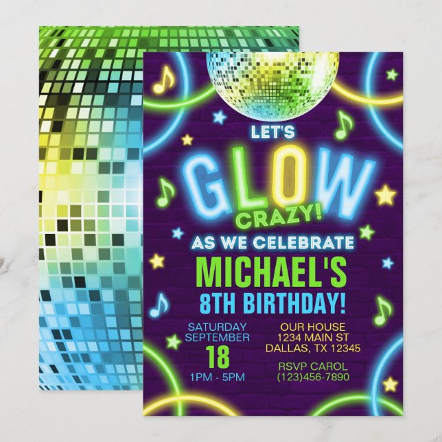 Neon Glow in the Dark Birthday Party Invitation (Front/Back)