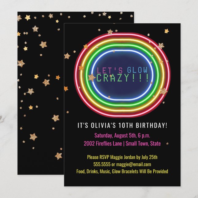 Neon Glow in the Dark Birthday Party | Kids Party Invitation (Front/Back)