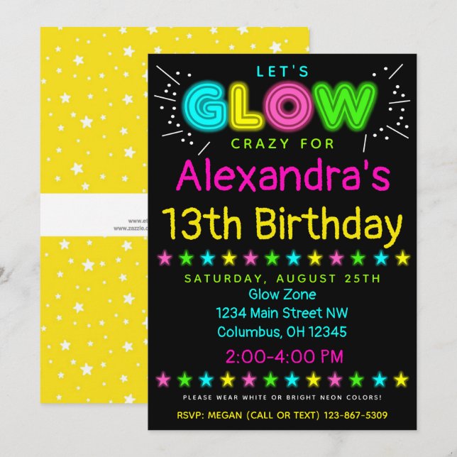 Neon Glow in the Dark Kids Birthday Party Invite (Front/Back)