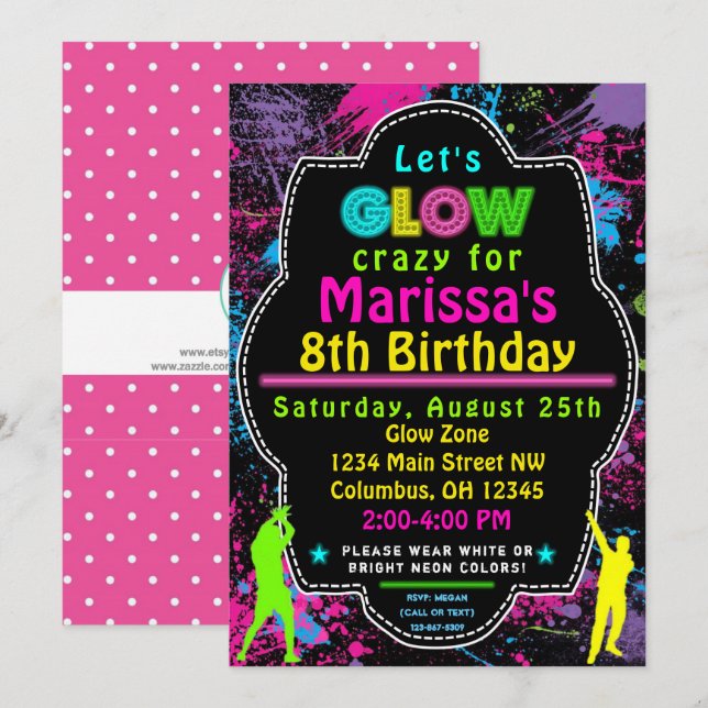 Neon Glow in the Dark Kids  Birthday Party Invite (Front/Back)
